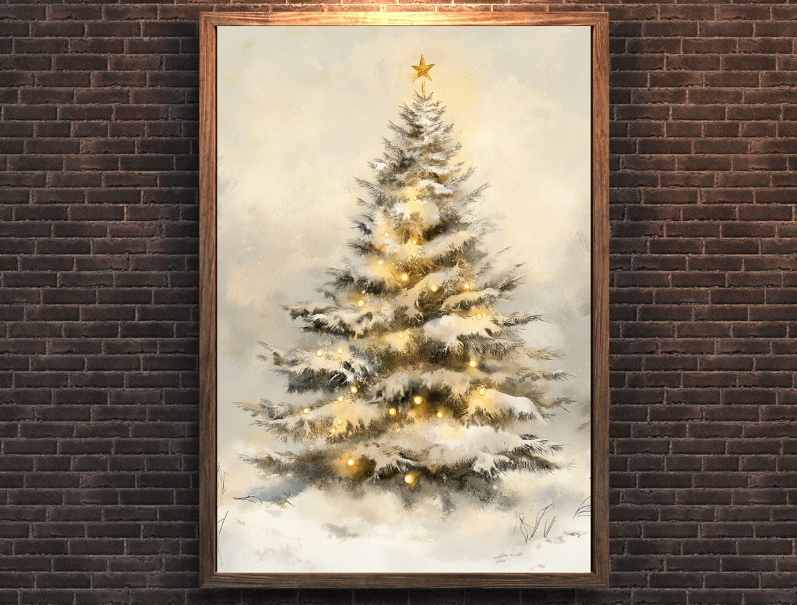 Snowy Vintage Christmas Tree With Warm Lights Neutral Holiday Poster - Image 7