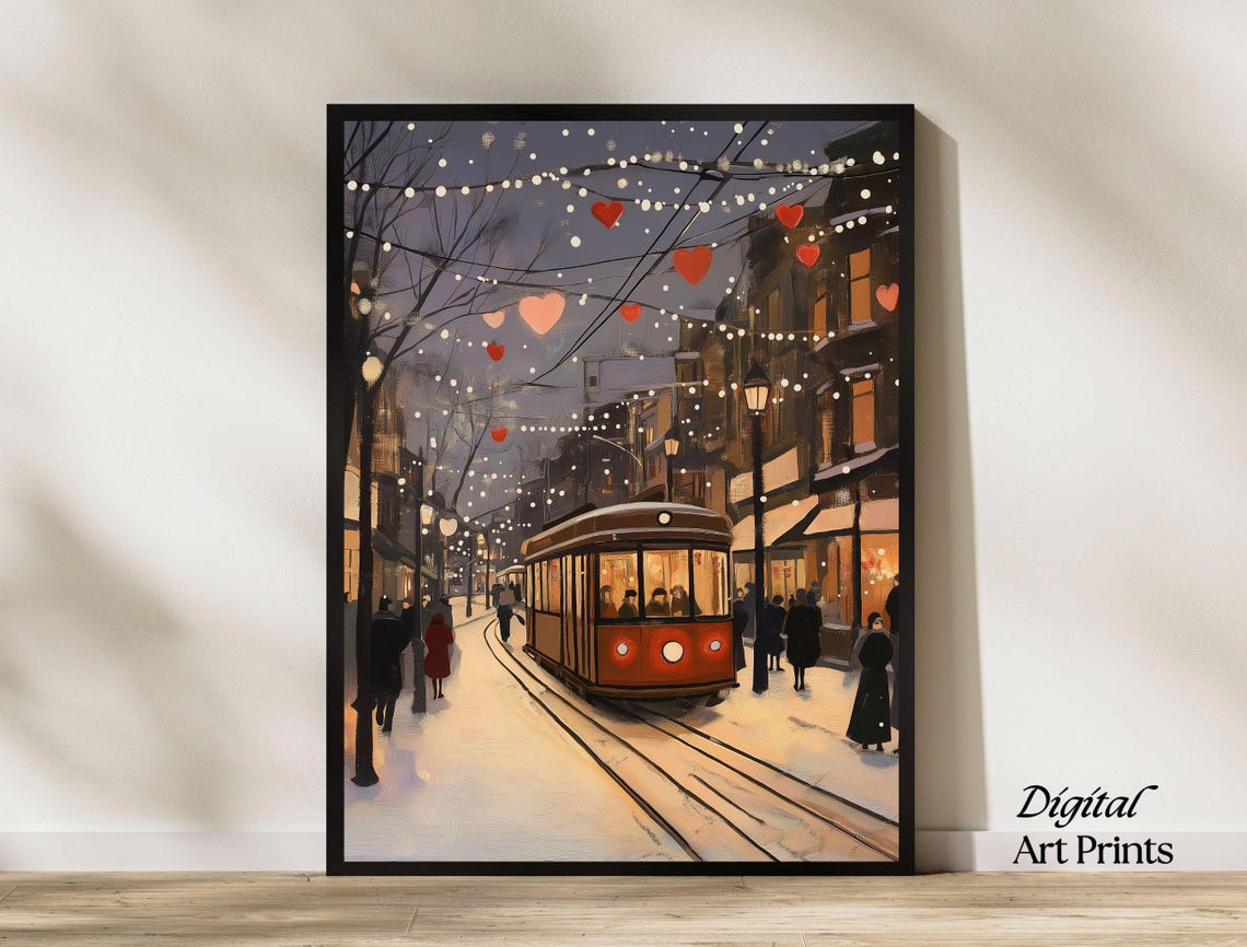 Vintage Winter Night Tram Street Heart Lights Painting Print