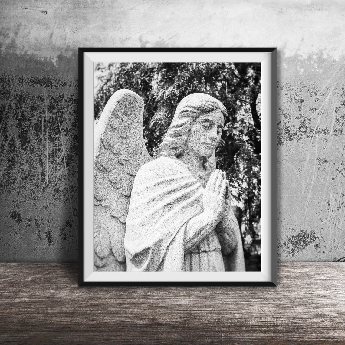 Praying Guardian Angel Stone Statue Cemetery Photography Poster - Image 2