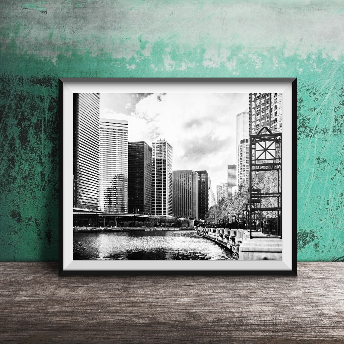 Chicago Riverwalk Autumn Skyline Fall Colors Water View Photo Poster - Image 2