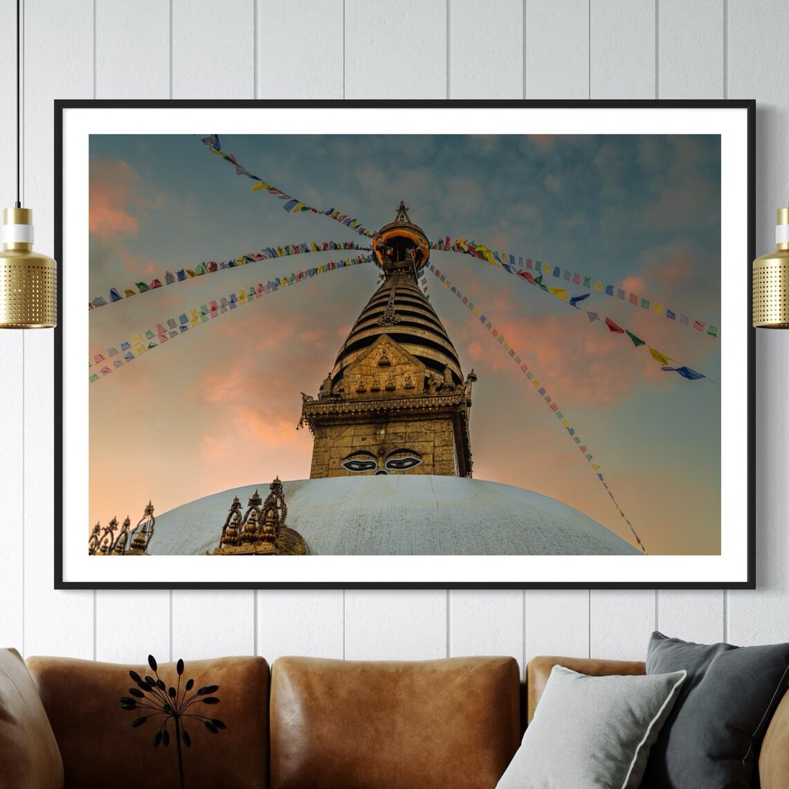 Swayambhunath Stupa Kathmandu Sunset Prayer Flags Travel Photo Poster