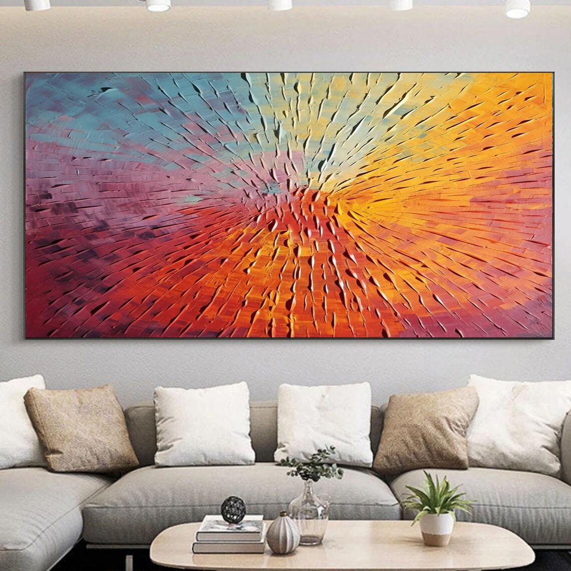 Radiant Teal to Ember Abstract Sunburst Carved Texture Art Poster