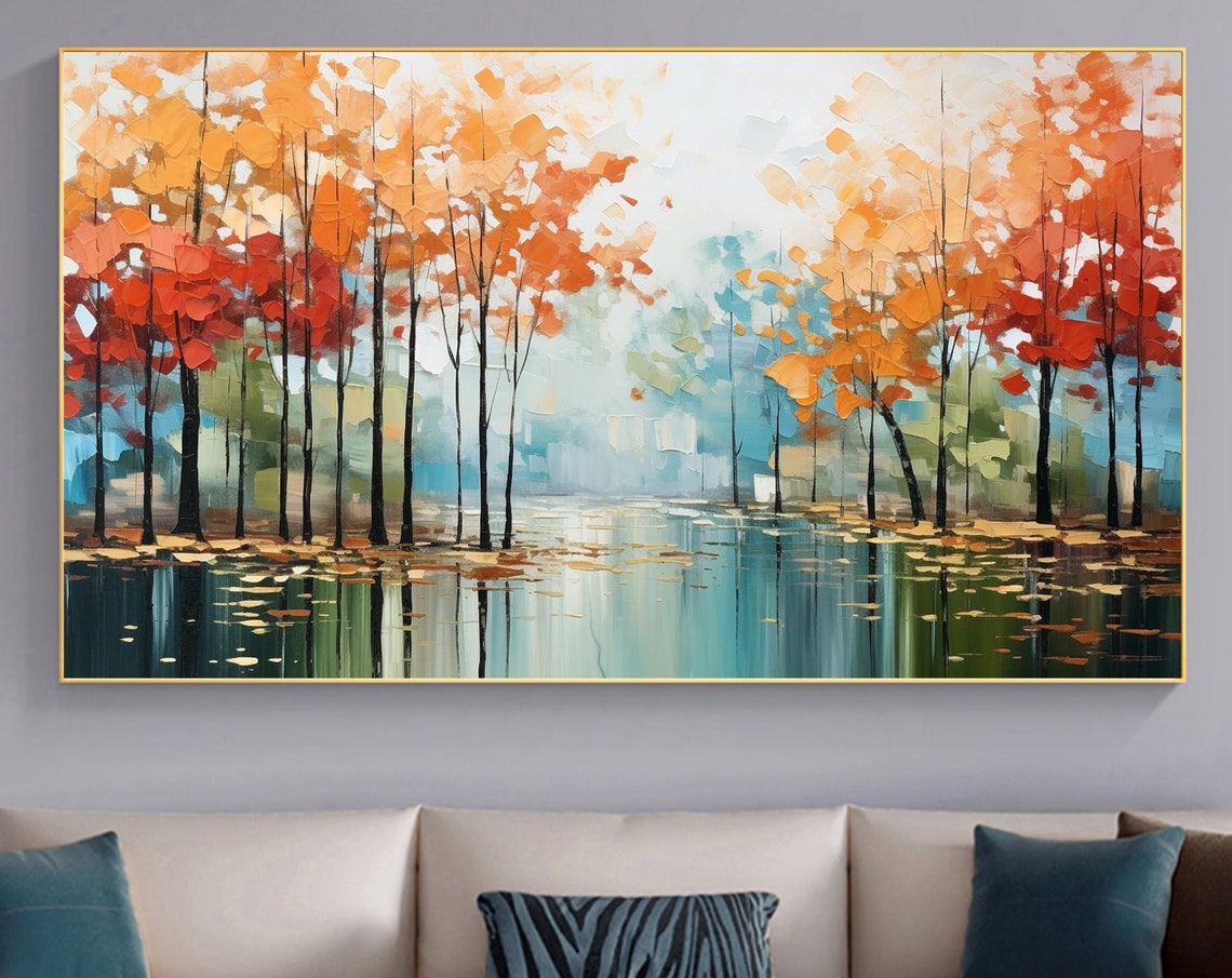 Autumn Forest Trees Reflecting Lake Impasto Landscape Painting Poster