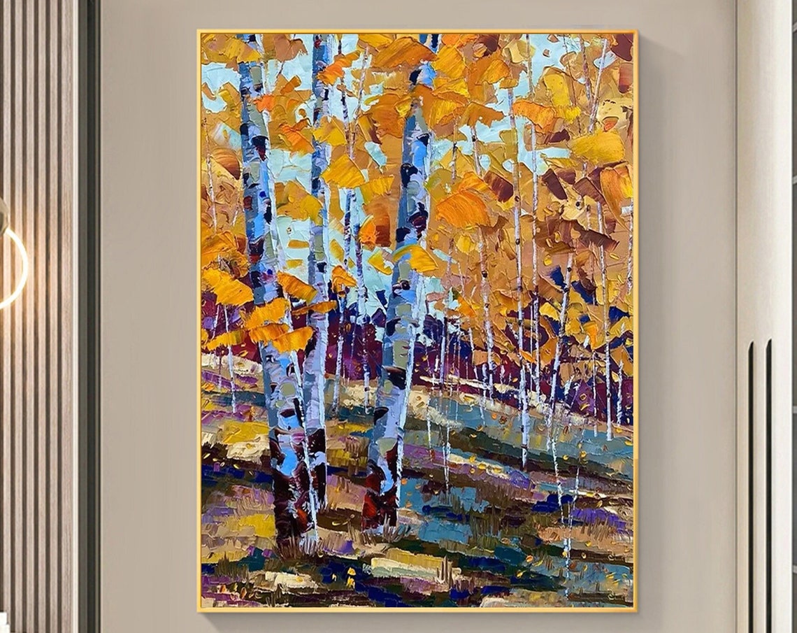 Golden Autumn Birch Trees in Vertical Impasto Oil Style Poster