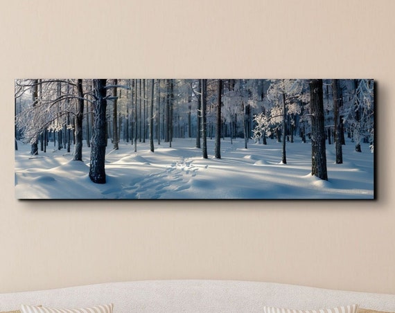 Snow Covered Pine Forest Wall Art Print Panoramic Wall Decor Livingroom Ready To Hang Nature Decor Lake House Decor Cabin Art