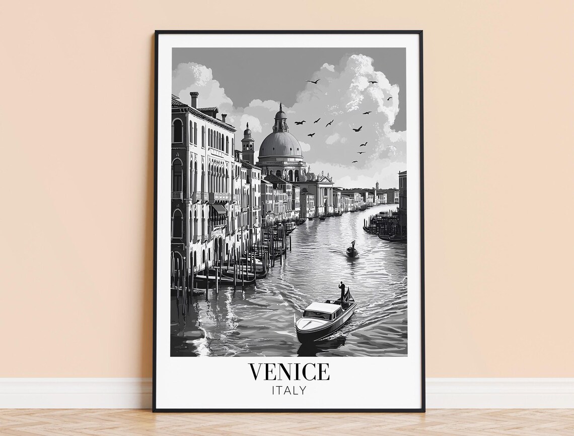 Venice Italy Grand Canal and Basilica Black and White Travel Poster