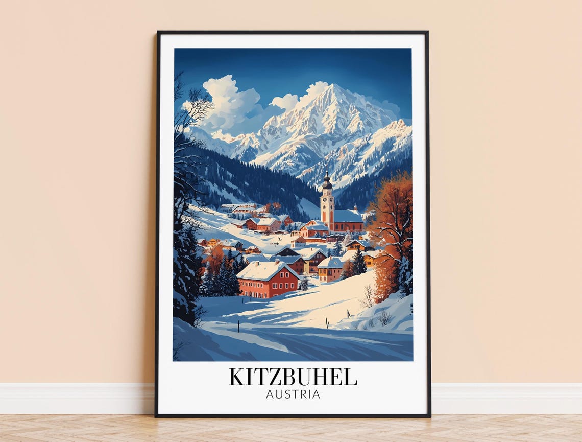 Kitzbuehel Austria Snowy Village Church Tower Winter Travel Poster