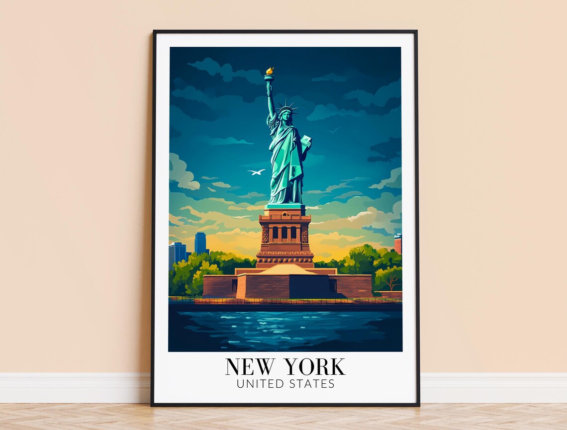 New York Statue of Liberty Harbor Sunset Iconic Travel Poster