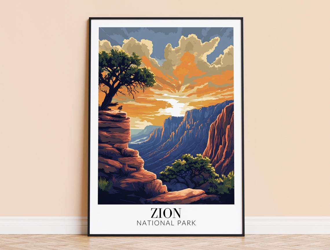 Zion National Park Sunset Canyon Rock Formations Travel Poster