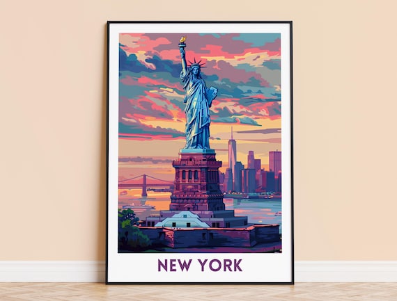 Statue Of Liberty New York Sunset Skyline Vintage Style Travel Poster