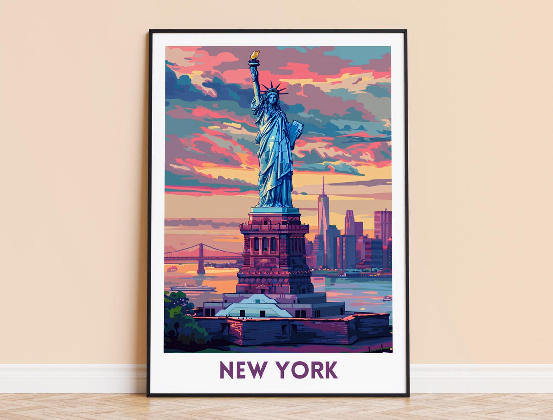 Statue Of Liberty New York Sunset Skyline Vintage Style Travel Poster