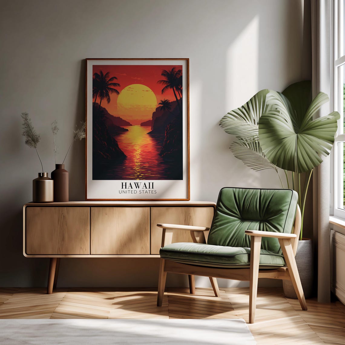 Hawaii Red Sunset Poster with Giant Sun Over Still Ocean Inlet - Image 3