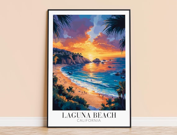 Laguna Beach California Beach Sunset Palms Ocean Travel Poster