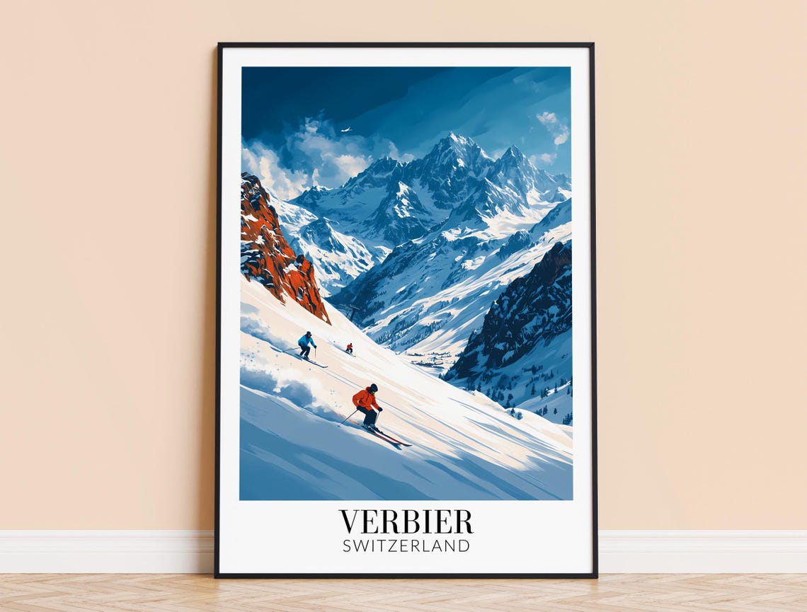 Verbier Switzerland Skiers on Sunny Alpine Slope Travel Poster