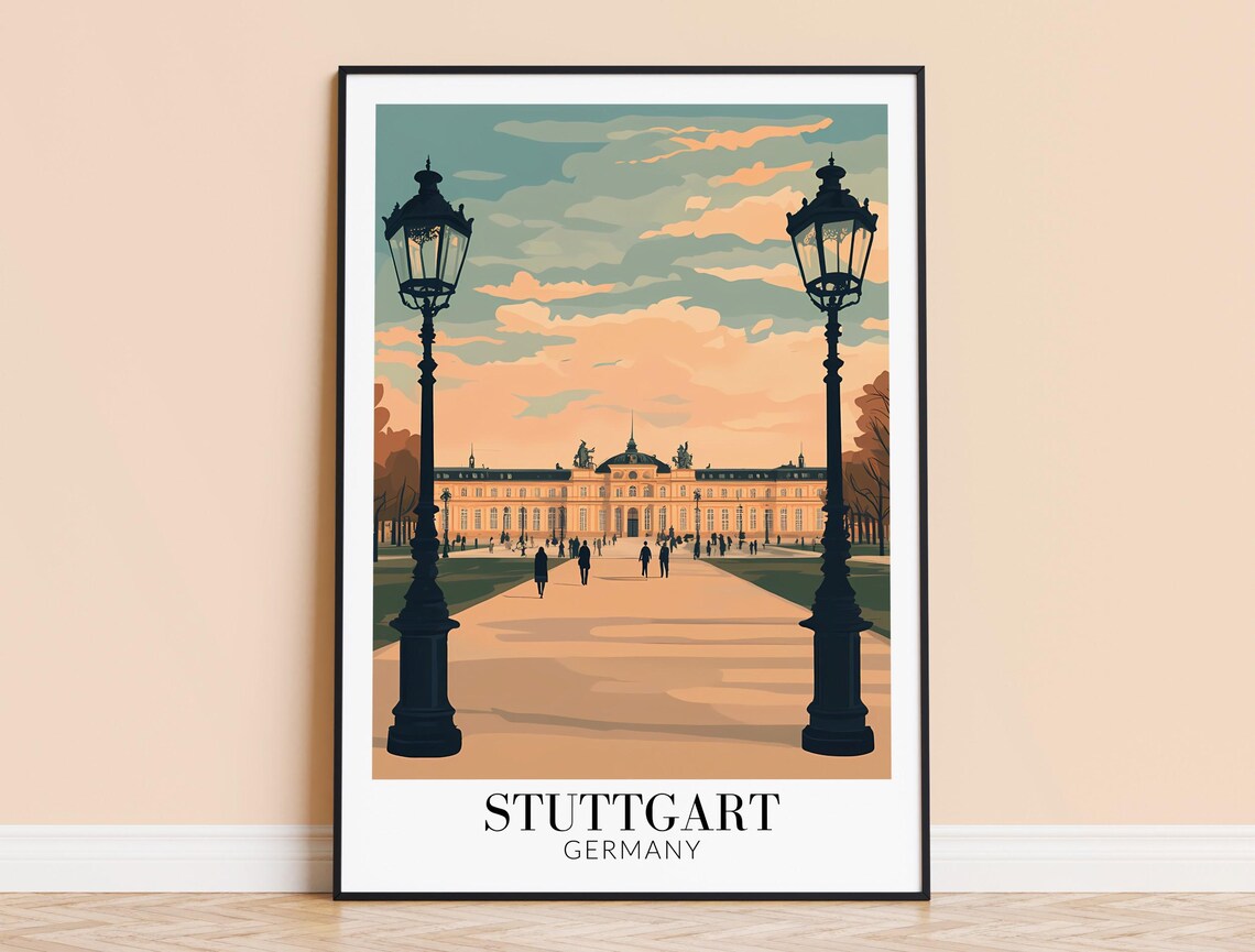 Stuttgart Palace Gardens Lamp Lit Avenue Vintage Travel Poster