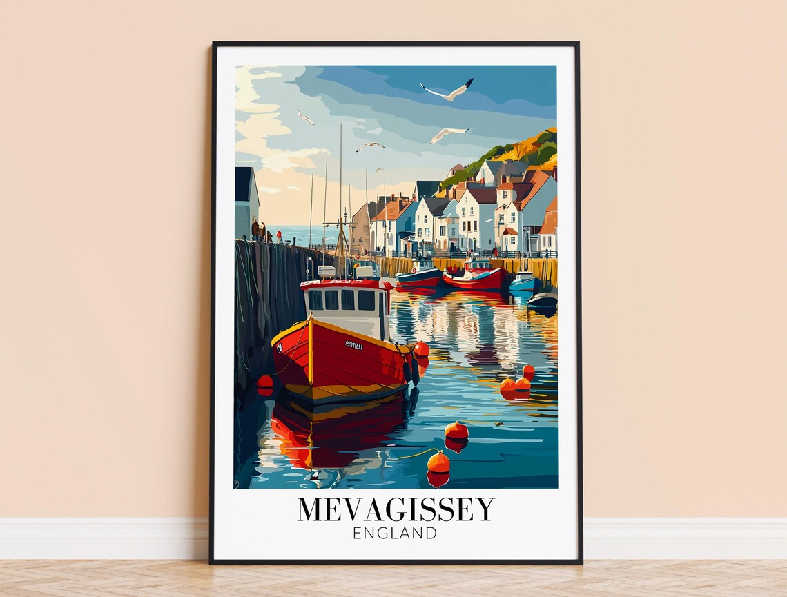 Mevagissey England Fishing Harbor Boats Seagulls Travel Poster