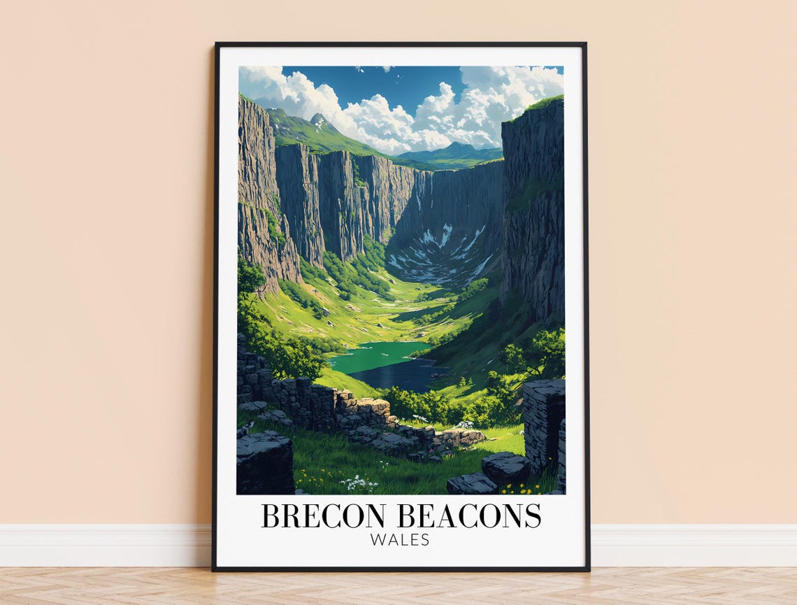 Brecon Beacons Wales Dramatic Valley Lake Travel Illustration Poster