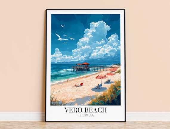 Vero Beach Florida Retro Pier And Beach Umbrellas Travel Poster