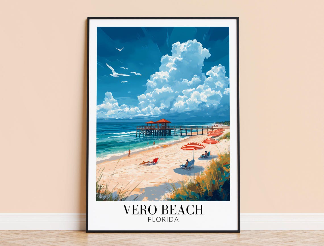 Vero Beach Florida Retro Pier And Beach Umbrellas Travel Poster