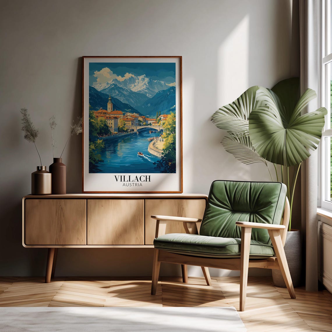 Villach Austria Calm River Church Snowy Alpine Mountains Poster - Image 3