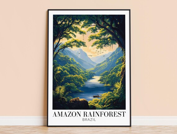 Vintage Amazon Rainforest Brazil River Jungle Leopard Art Poster