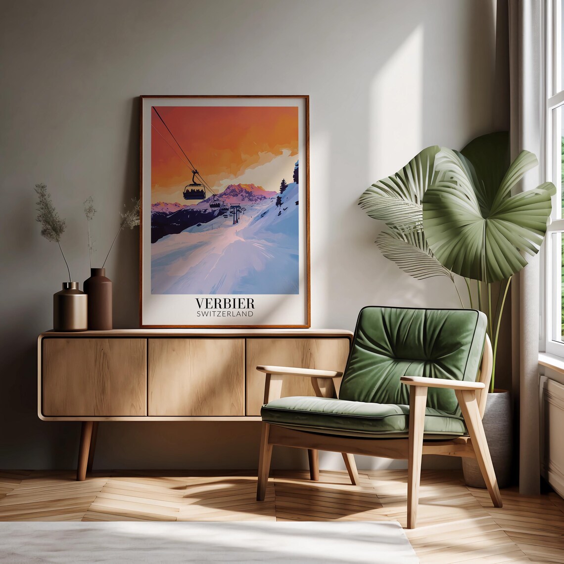 Verbier Switzerland Ski Lift at Sunset Over Snowy Slopes Poster - Image 2