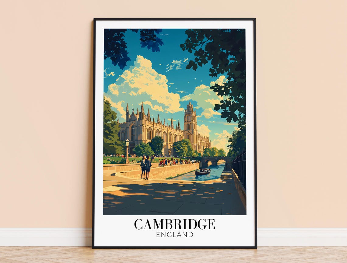 Cambridge England Sunset Riverside College Punting Scene Poster
