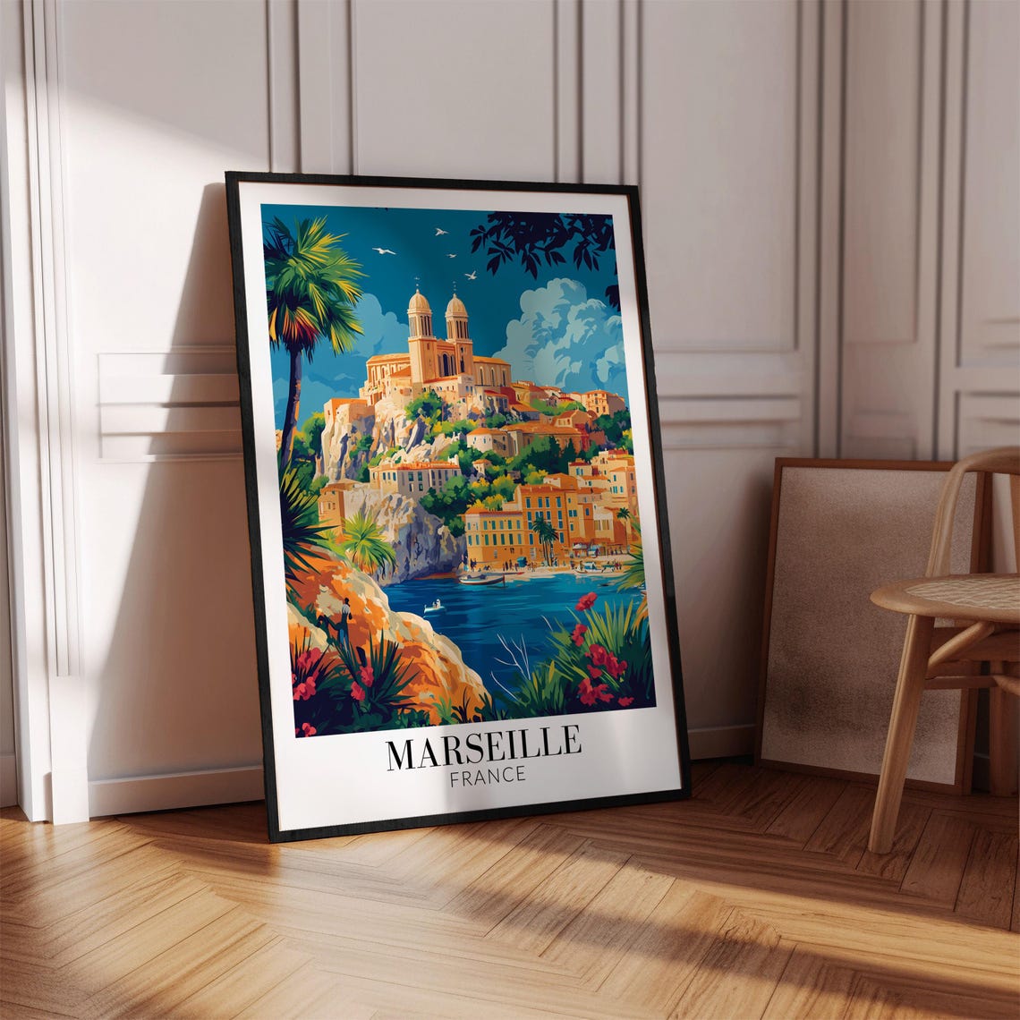 Marseille France Hilltop Basilica Harbor Night View Travel Poster - Image 3