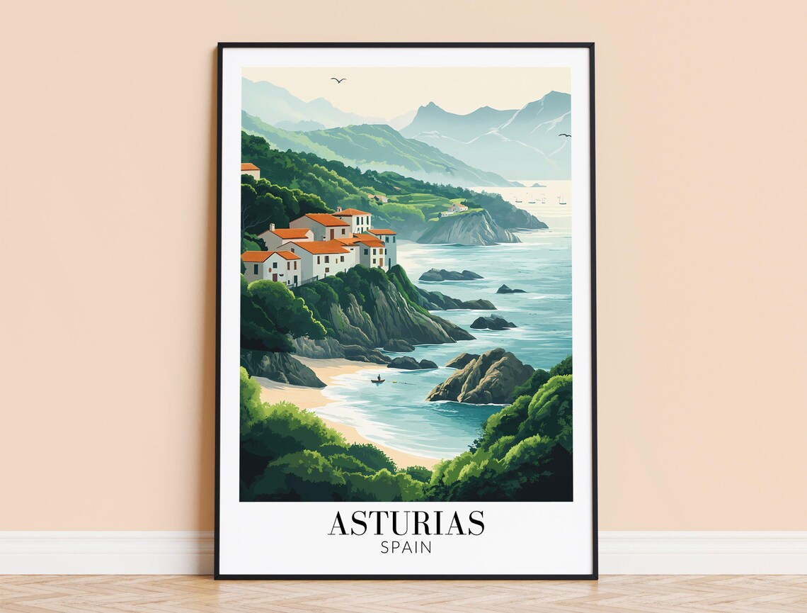 Asturias Spain Emerald Green Coast Fishing Village Travel Poster