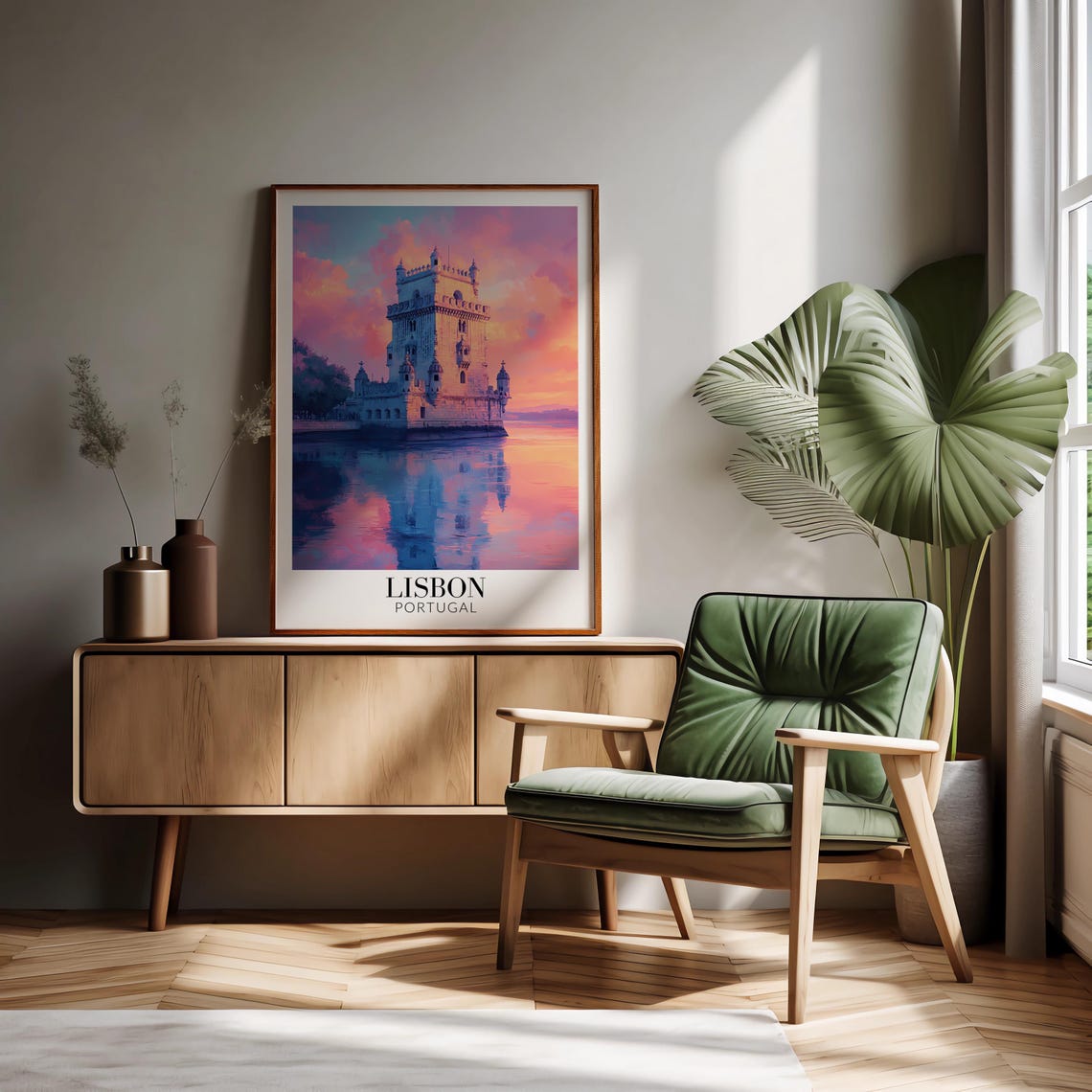 Lisbon Belem Tower Rosy Sunset River Reflection Travel Poster - Image 2