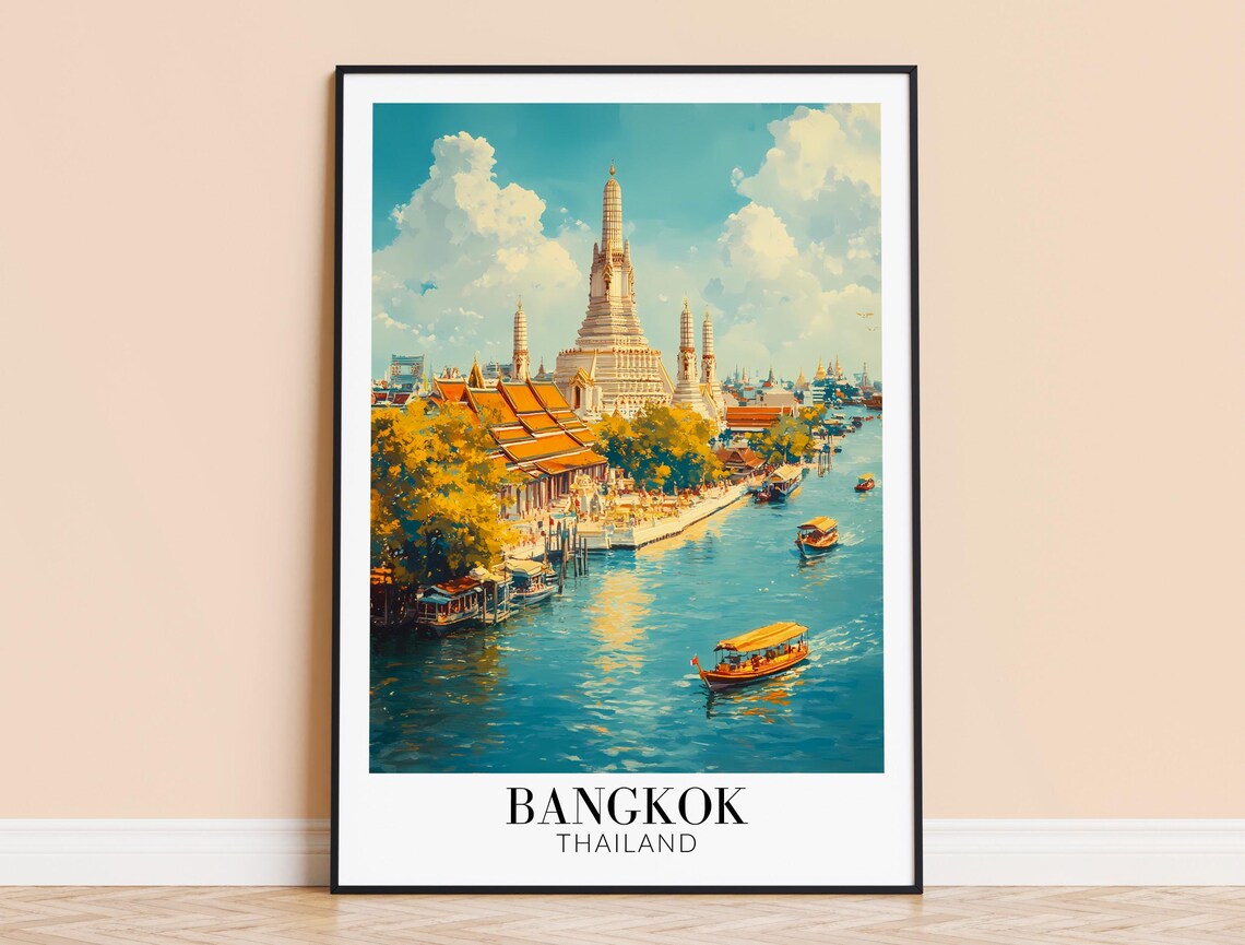 Bangkok Thailand Wat Arun and River Boats in Bright Daylight Poster