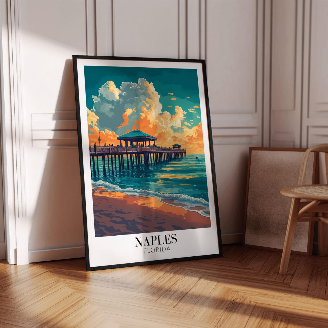 Naples Florida Pier At Sunset Golden Clouds Ocean Waves Travel Poster - Image 3
