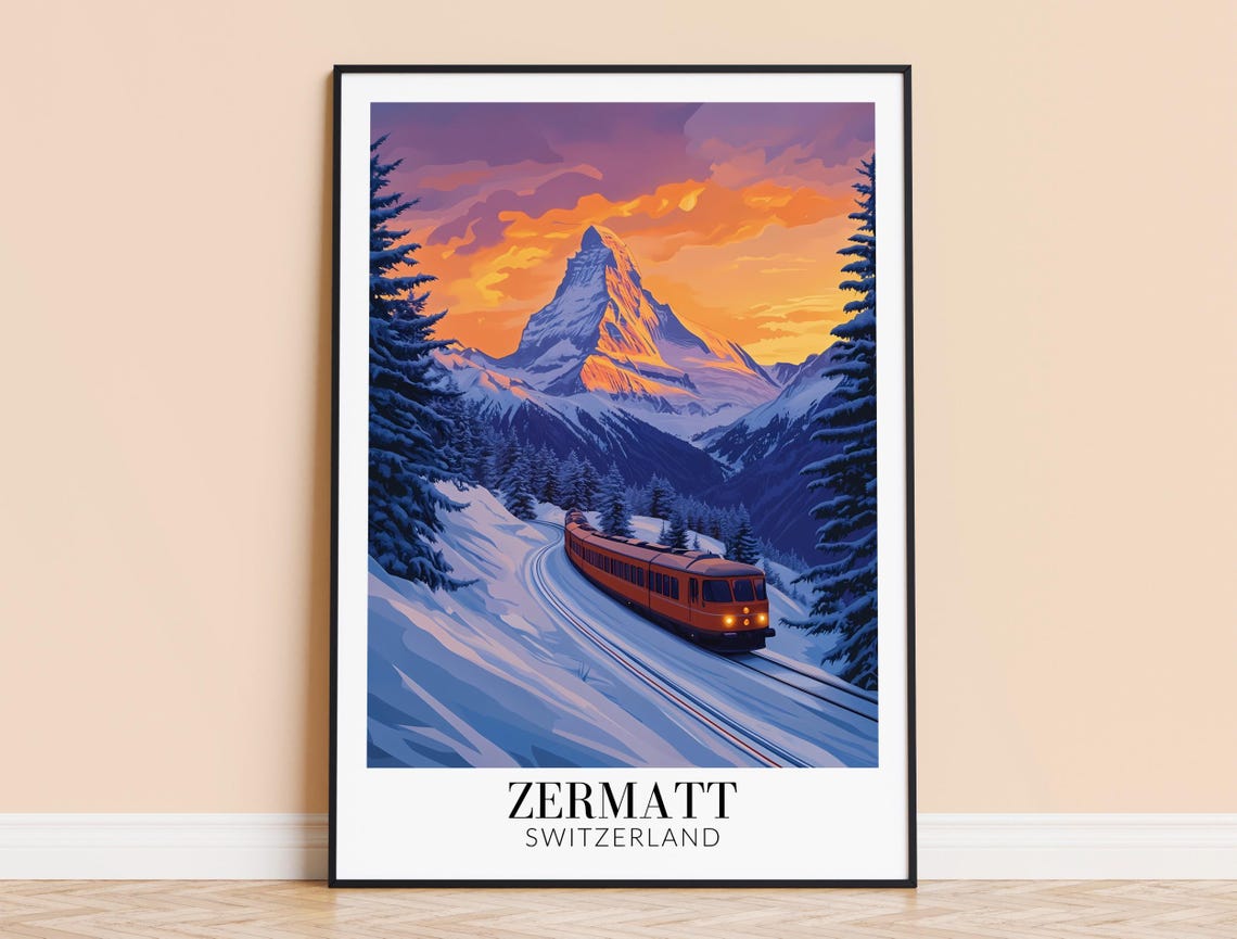Zermatt Switzerland Cogwheel Train in Snowy Sunset Travel Poster