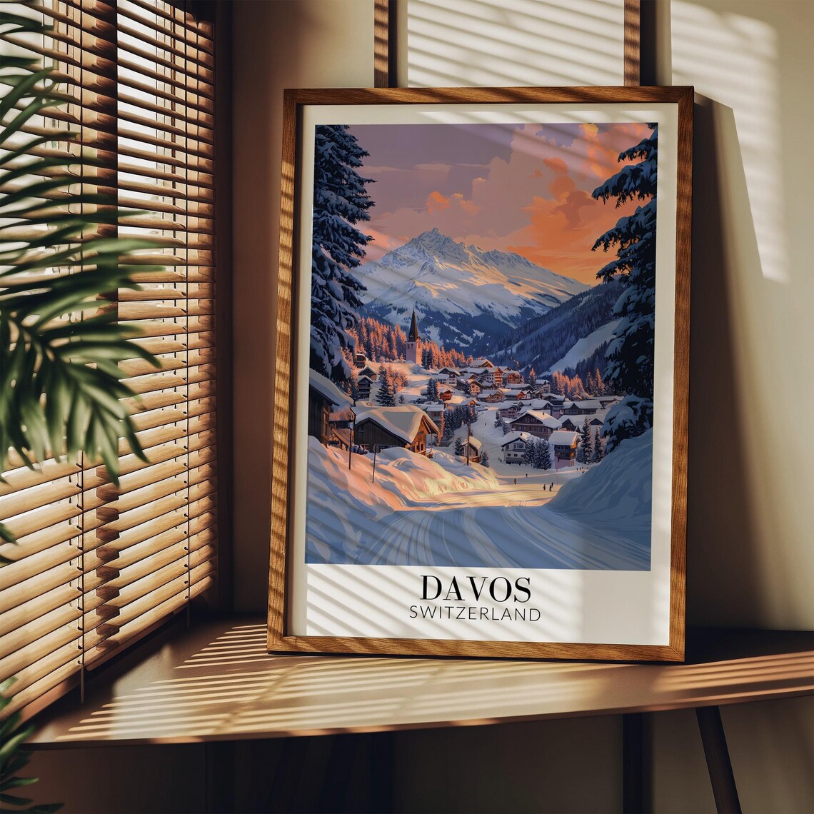 Davos Switzerland Village Valley at Purple Sunset Travel Poster - Image 3