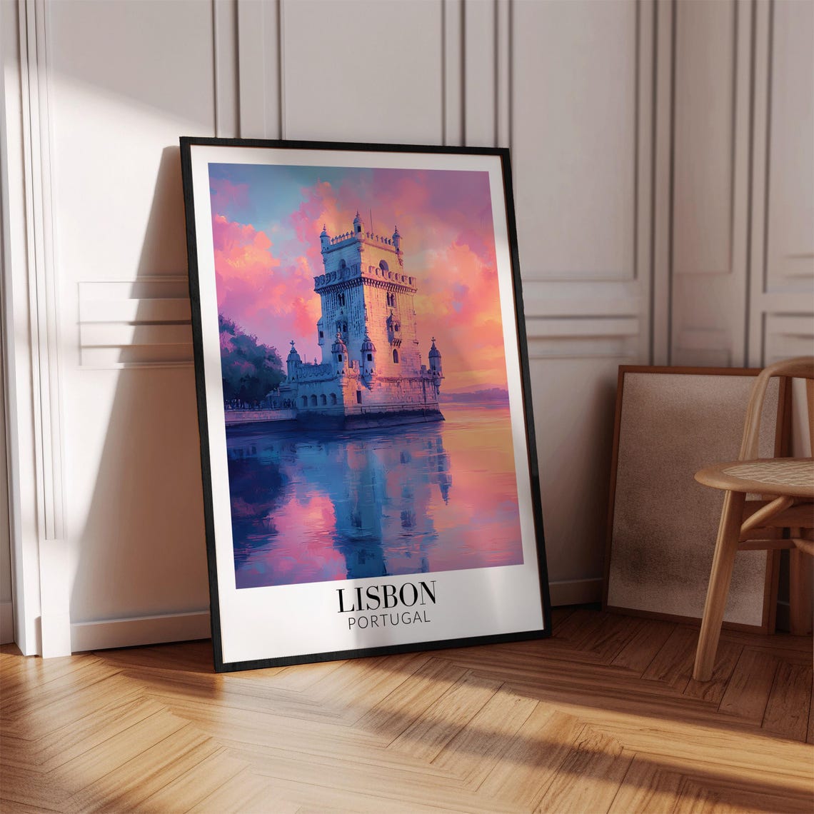 Lisbon Belem Tower Rosy Sunset River Reflection Travel Poster - Image 4