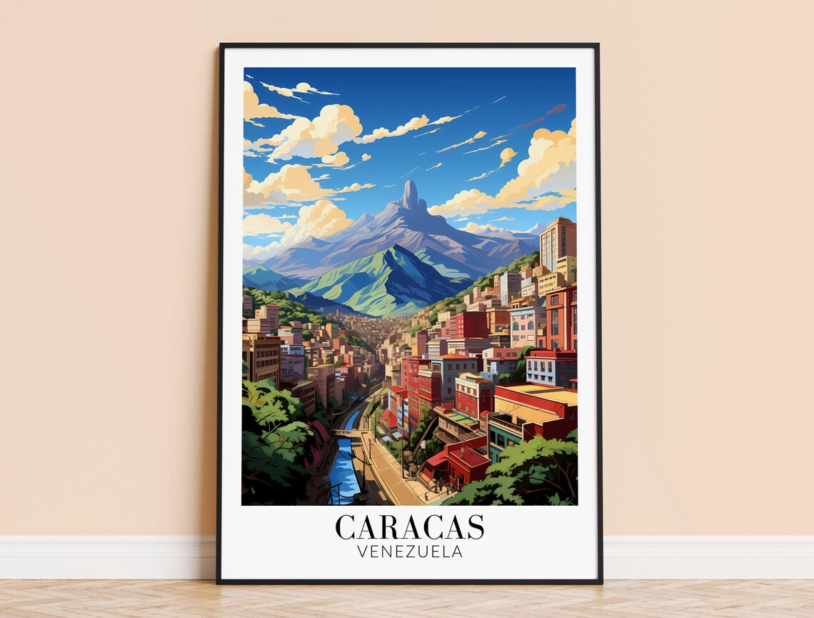 Caracas Venezuela Colorful Mountain Cityscape Travel Poster Art