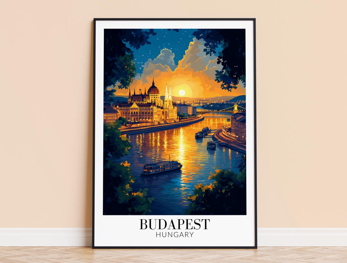 Budapest Hungary Sunset Danube River Parliament Travel Poster