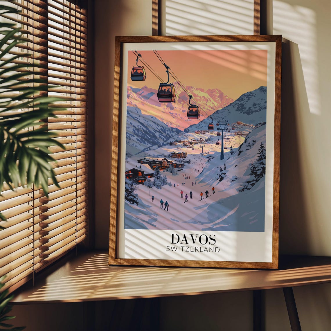 Davos Switzerland Gondola Cabins Over Sunset Ski Slope Poster - Image 3