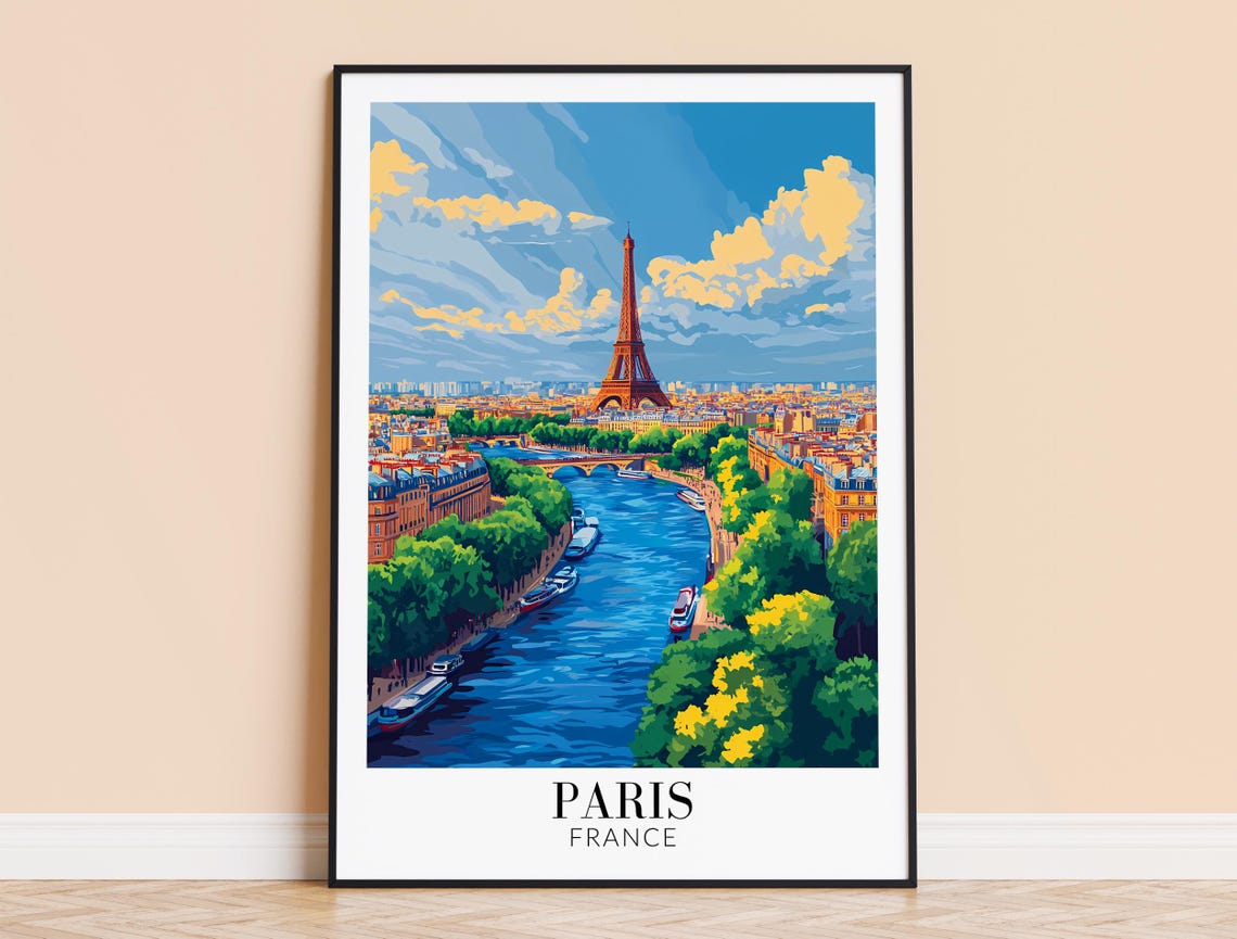 Paris Eiffel Tower Seine Bold Blue Daytime Clouds Travel Poster