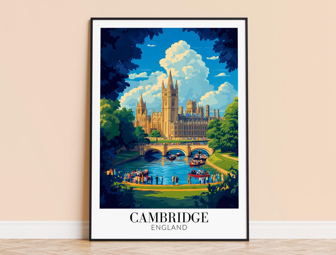 Cambridge England Blue Sky Bridge Punting Crowds Riverside Poster