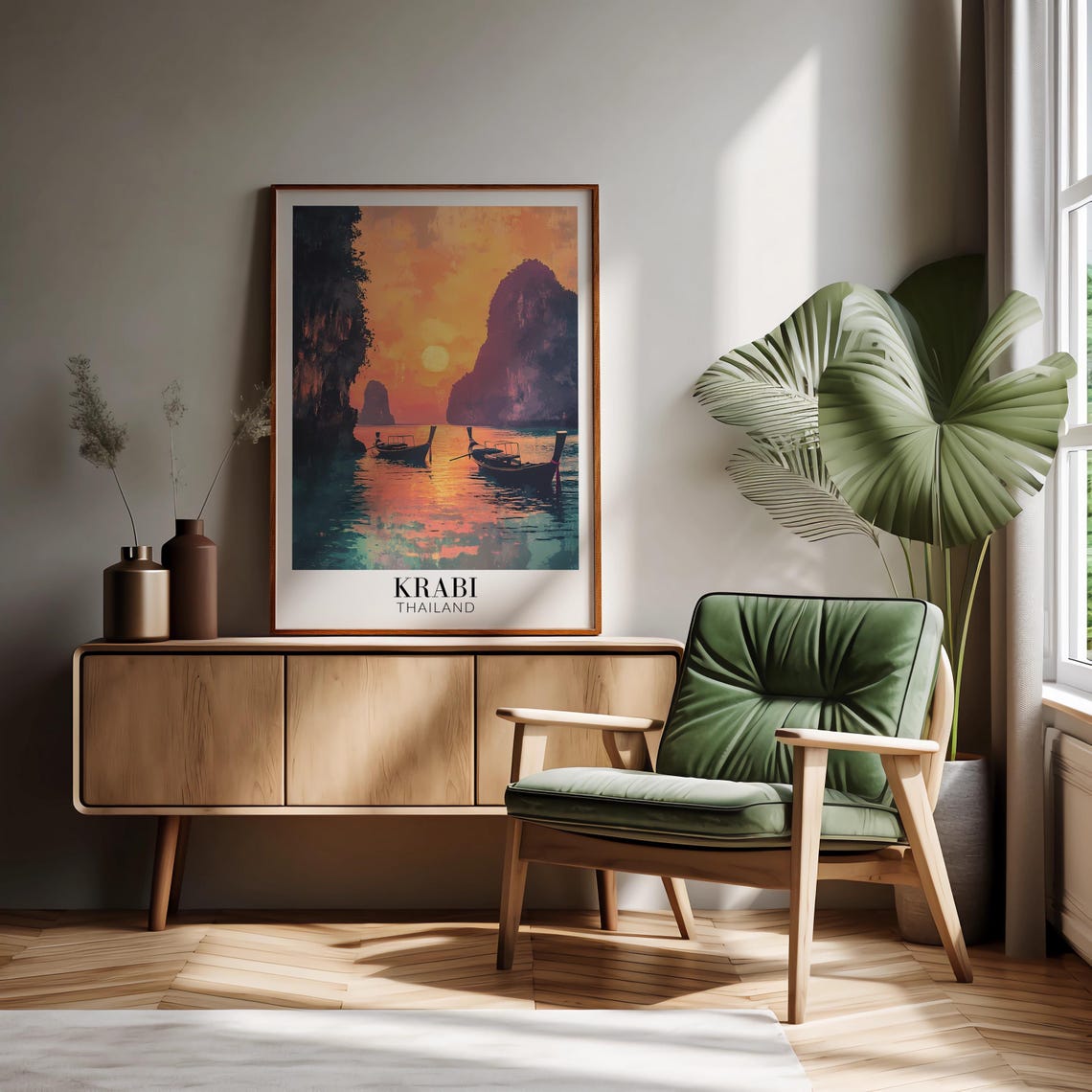 Krabi Thailand Sunset Bay Longtail Boats Silhouette Romance Poster - Image 2