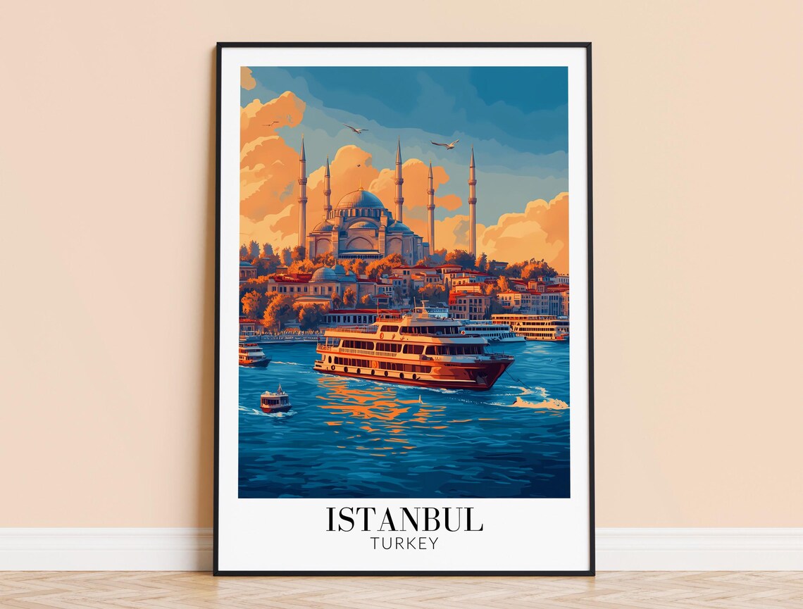 Istanbul Turkey Grand Mosque and Ferry Golden Hour Travel Poster