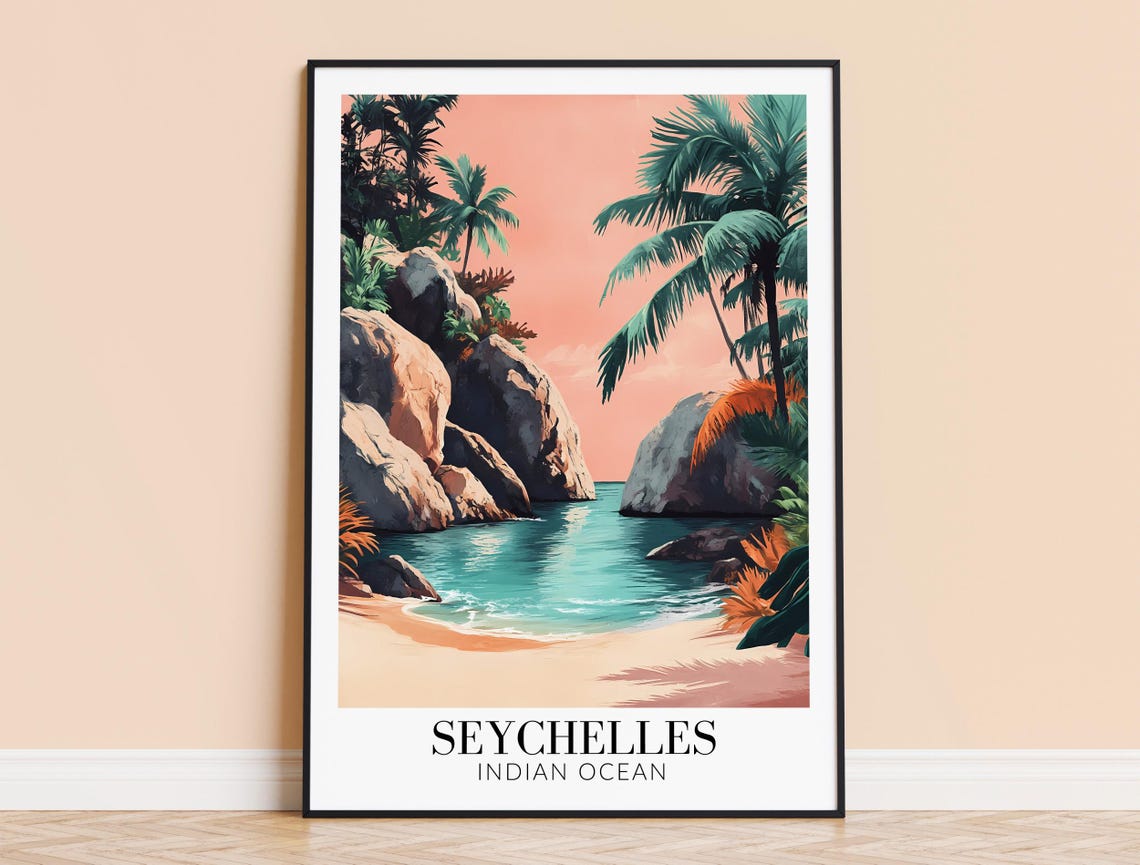 Seychelles Indian Ocean Tropical Cove Sunset Retro Travel Poster