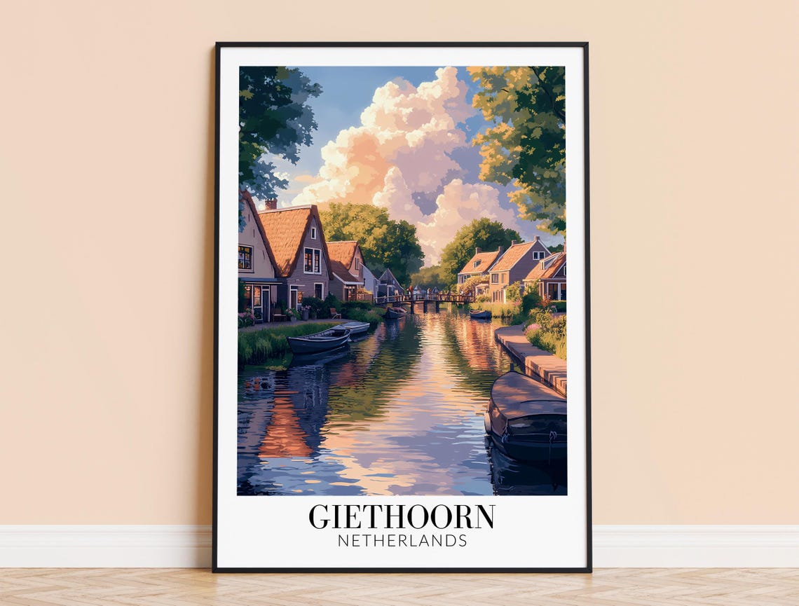 Golden Giethoorn Netherlands Sunset Canal Reflection Travel Poster