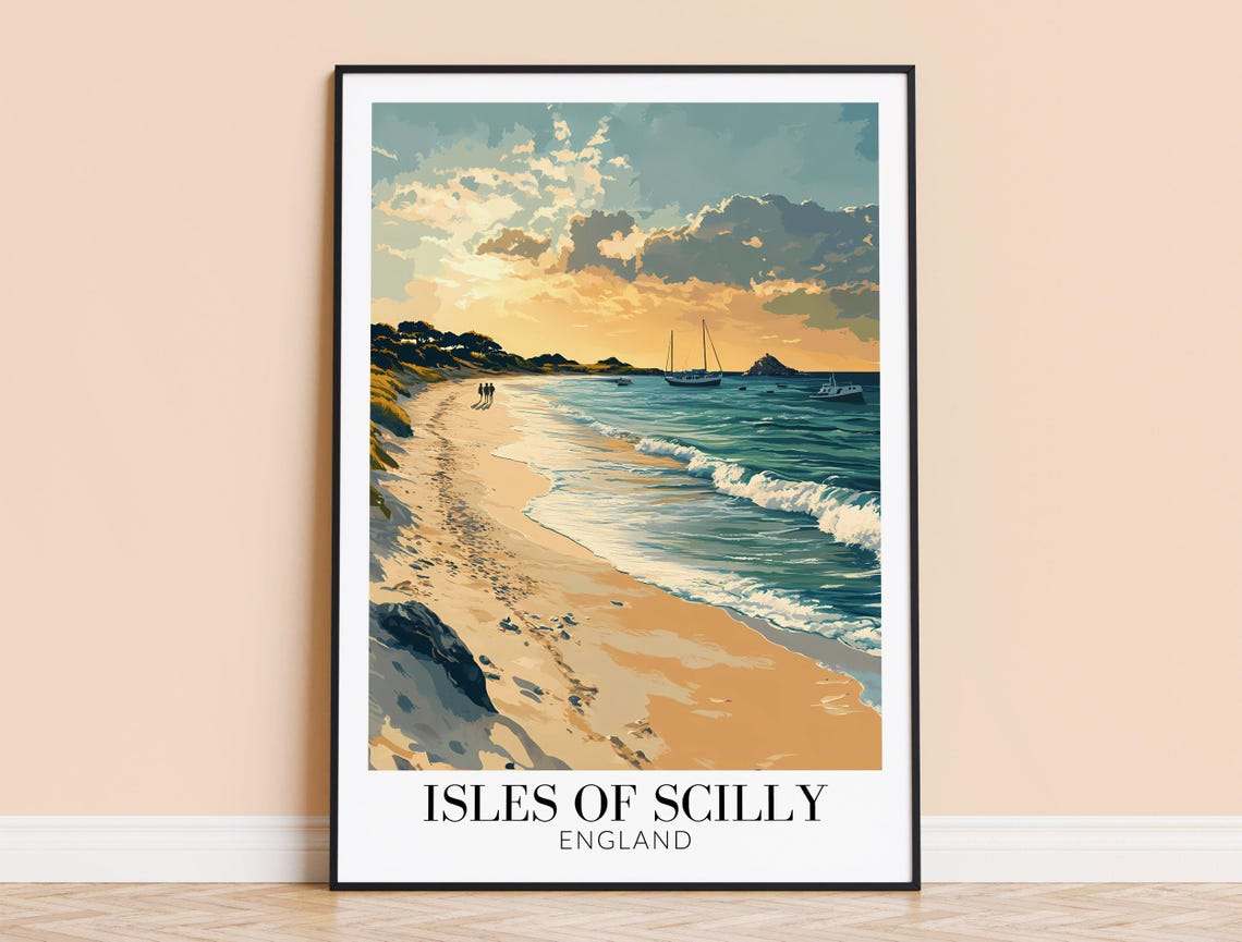 Isles Of Scilly England Beach Sunset Sailboats Travel Poster