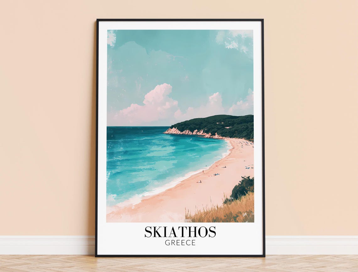 Skiathos Greece Sandy Beach Turquoise Bay Soft Pastel Travel Poster
