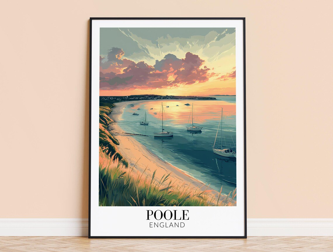 Poole England Serene Sunset Sailboats Over Golden Bay Harbor Poster