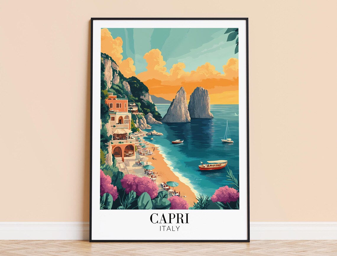Capri Italy Faraglioni Sunset Beach Pink Blossom Travel Poster