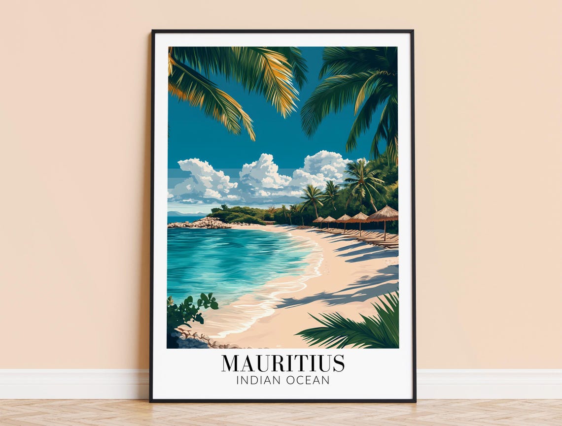 Mauritius Tropical Beach Palm Trees Paradise Shores Travel Poster