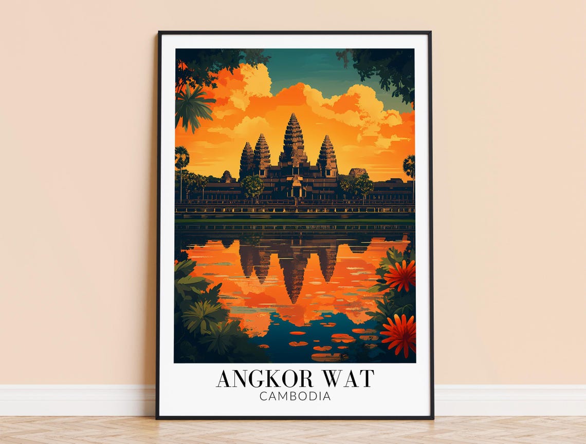 Angkor Wat Sunset Orange Sky Reflected Cambodia Temples Poster